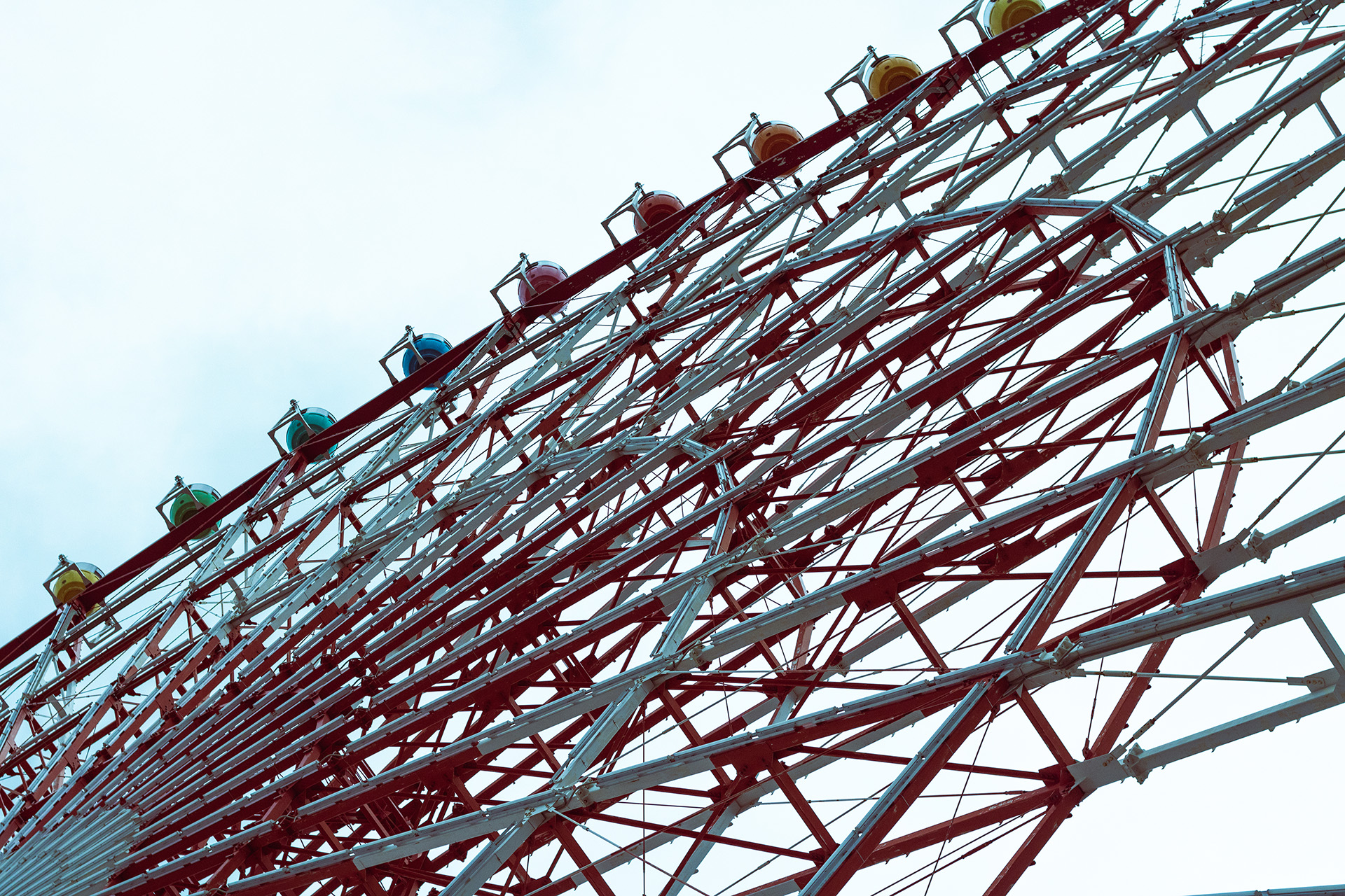 Ferris wheel seen from below.